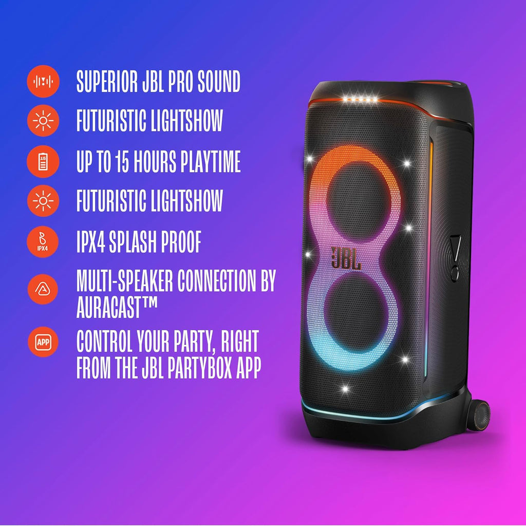 JBL PartyBox 720 - Loudest Battery-Powered Party Speaker with Superior Pro Sound and a Futuristic lightshow, Up to 15 Hours Playtime & IPX4 Splash Proof (Black)
