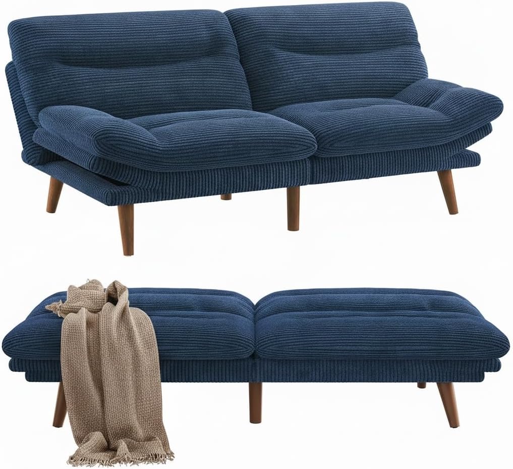 Pipishell Futon Sofa Bed, 66 Inch Corduroy Futon Couch Convertible with Adjustable Backrest and Armrests, Recliner Sleeper Sofa for Small Spaces, Living Room, Office, Guest Room (Blue, 66 Inch)