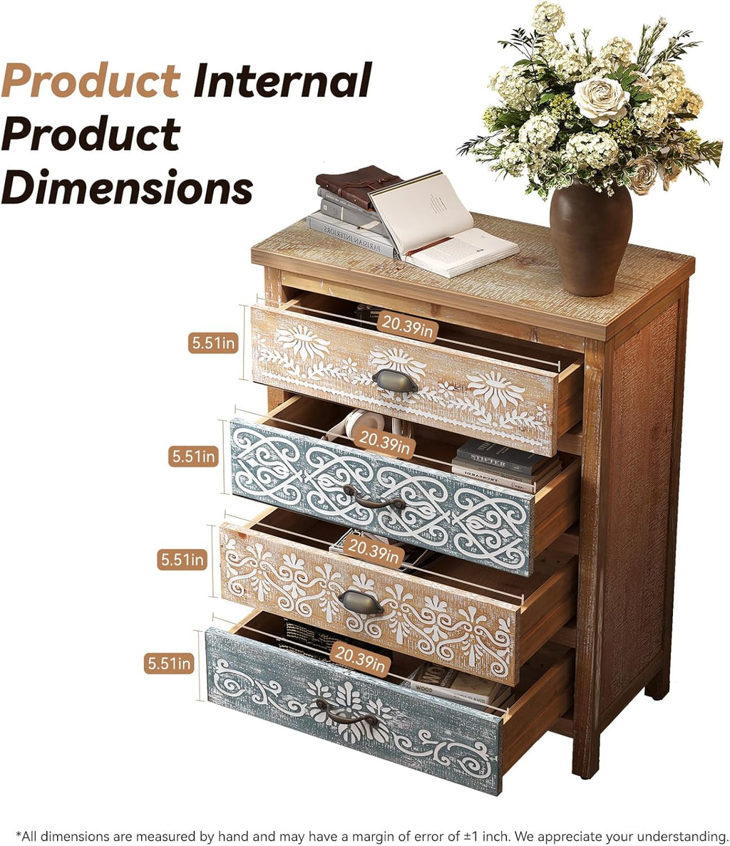 Boho Small Accent Cabinet with Hand-Painted Floral Drawers | Rustic Wood Storage Cabinet with 4 Drawers | Decorative Entryway Cabinet for Living Room, Dining Room, Kitchen | Solid Fir Wood Frame
