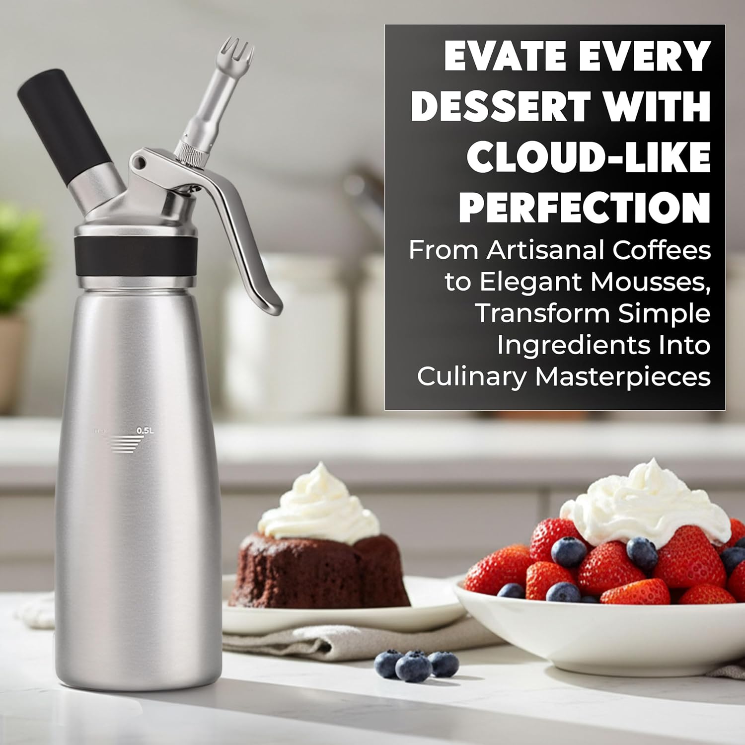 Professional Aluminum Whipped Cream Dispenser – Leak-Resistant Whip Cream Maker with 5 Stainless Steel Decorating Nozzles & Cleaning Brush – 1-Pint / 500 mL Cream Whipper