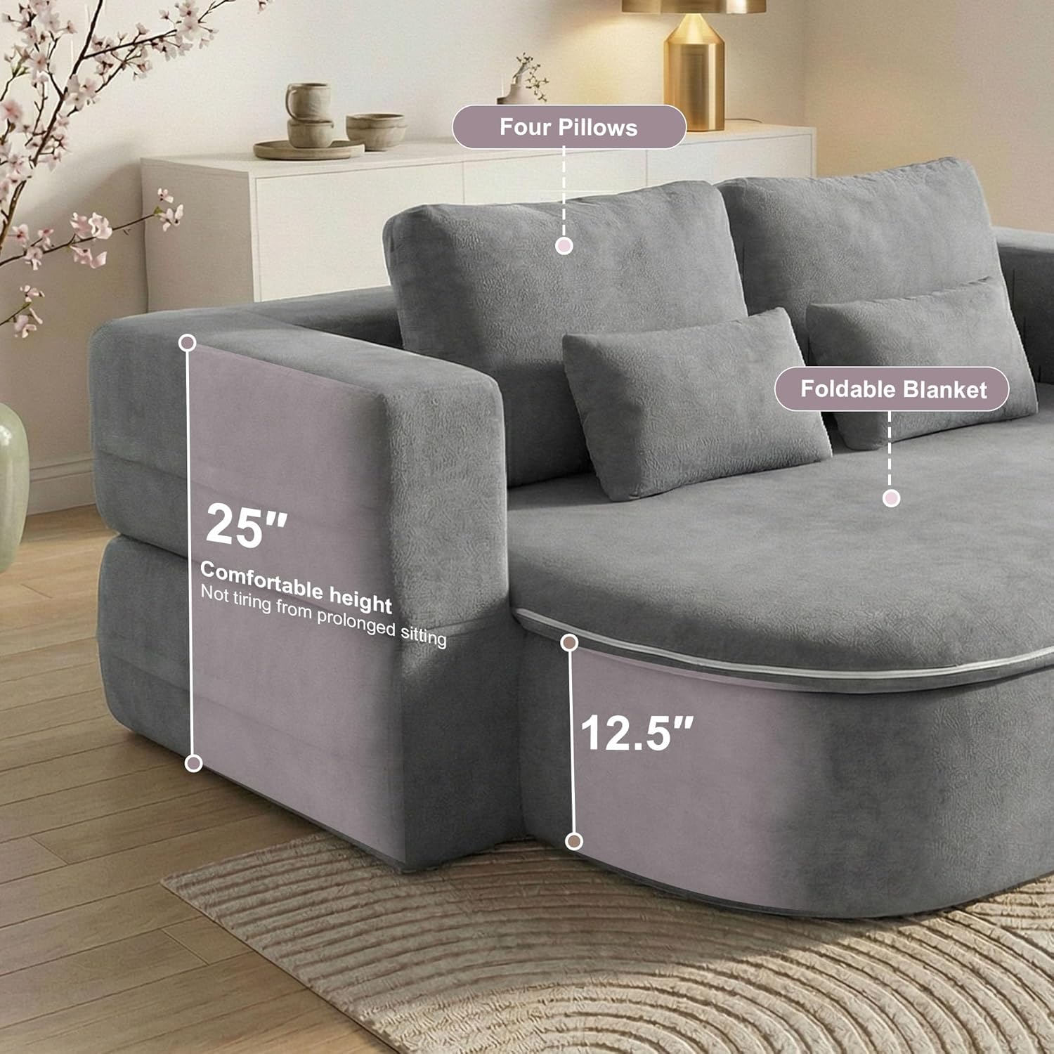 75'' Folding Sleeper Sofa Bed, Convertible Memory Foam Boneless Couch, Foldable Full Size Guest Bed, Modern 2-in-1 Futon Floor Sleeper Sofa with 4 Pillows and Blanket (Chenille, Gray1)