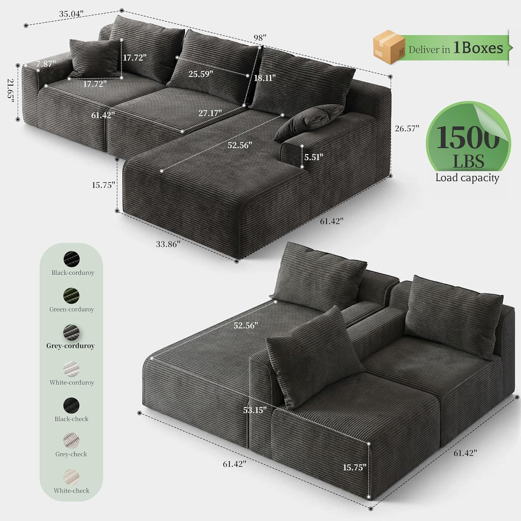Homkdom Boneless Modular Sectional Couch, Cloud Couch L-Shaped Sofa with 61.5" Deep Seat & Right Facing Chaise – Deep Grey, Pet Friendly, 6 Configurations for Small Space Apartment, No Assembly