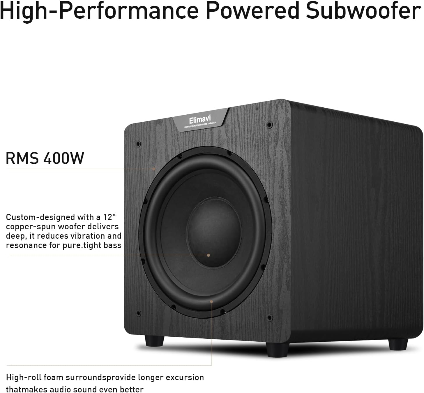 Elimavi 12" Powered Subwoofer Home Audio - 400W Deep Bass for Home Theater - Copper Driver, MDF Enclosure w/Aluminum Radiator - Ideal for Home Surround Sound Systems