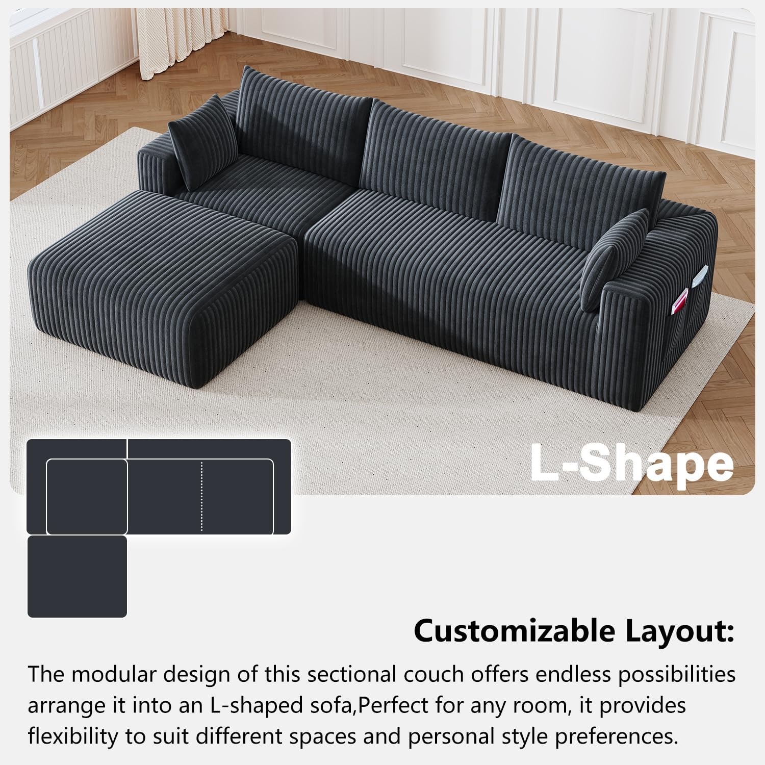108" Cloud Couch Modular Sectional Sofa for Living Room,L Shaped Boneless Couch with Deep Seat Chaise,No Assembly Required Foam Sleeper Sofa for Apartments,Plush Corduroy Fabric, Dark Grey