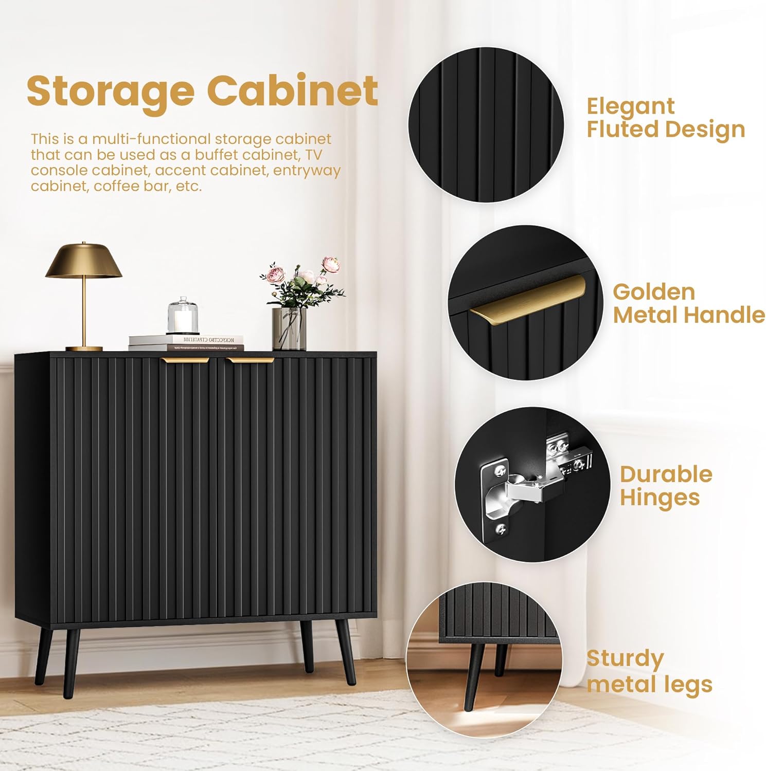 Black Fluted Buffet Cabinet, Free Standing Sideboard with Storage, Wood Accent Cabinet with Doors & Shelf, Modern Credenza, Sideboard Buffet Cabinet for Living Room, Dining Room(1, Black)