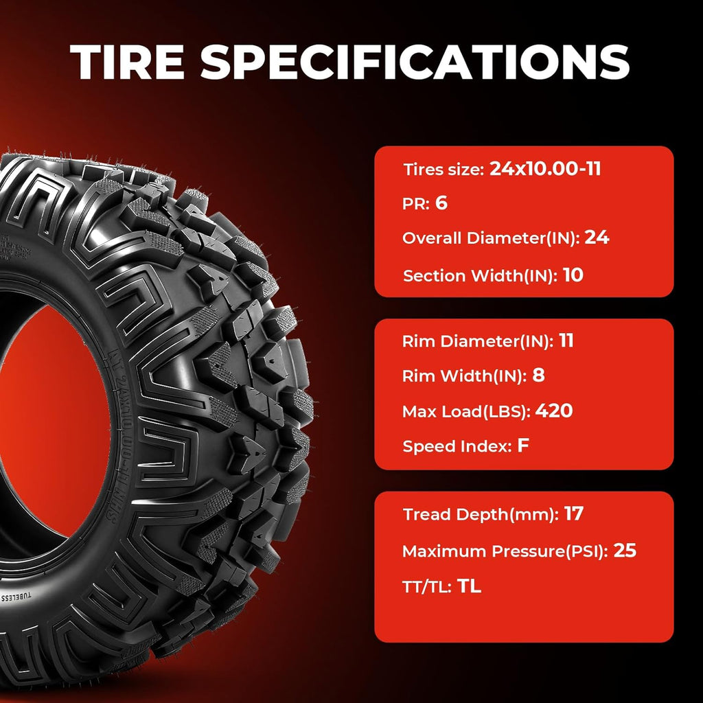 ATV/UTV Tires 24x10-11,All-Terrain Mud Tires 24x10x11,6-Ply,Non-Directional Tread,Tubeless,Set of 2