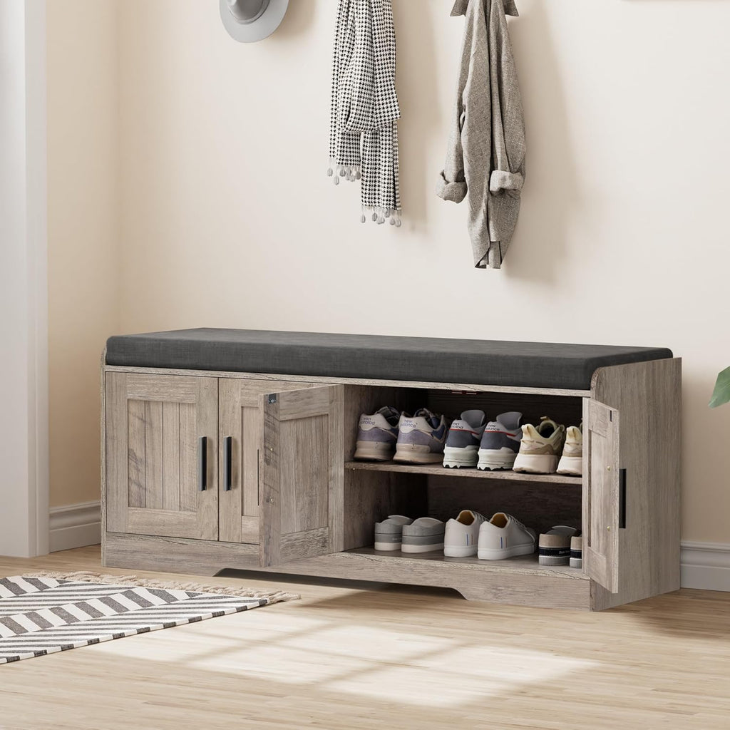 Homleke 2-Tier Storage Bench, Shoe Bench with Thickened Padded Seat Cushion, Entryway Bench with 4 Doors, Adjustable Shelf, 13.8" D x 45.3" W x 18.5" H, for Entryway, Living Room, Bedroom, Greige