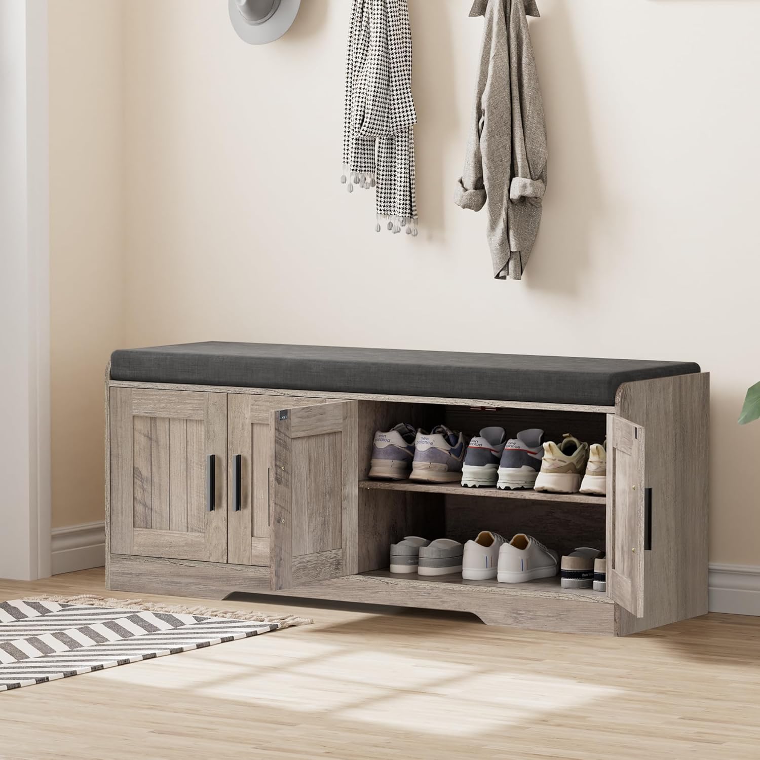 Homleke 2-Tier Storage Bench, Shoe Bench with Thickened Padded Seat Cushion, Entryway Bench with 4 Doors, Adjustable Shelf, 13.8" D x 45.3" W x 18.5" H, for Entryway, Living Room, Bedroom, Greige