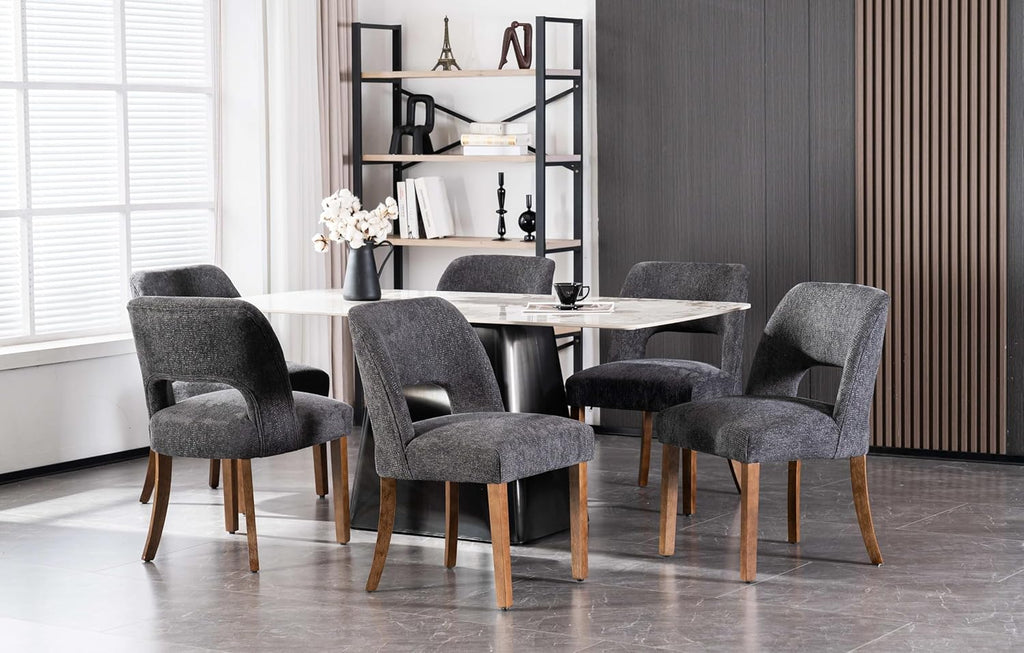 VKNOW Wooden Dining Chairs Set of 6, Modern Fabric Upholstered Dining Room Chair Kitchen Chairs, Farmhouse Dinner Chair for Kitchen Dining Room, Charcoal