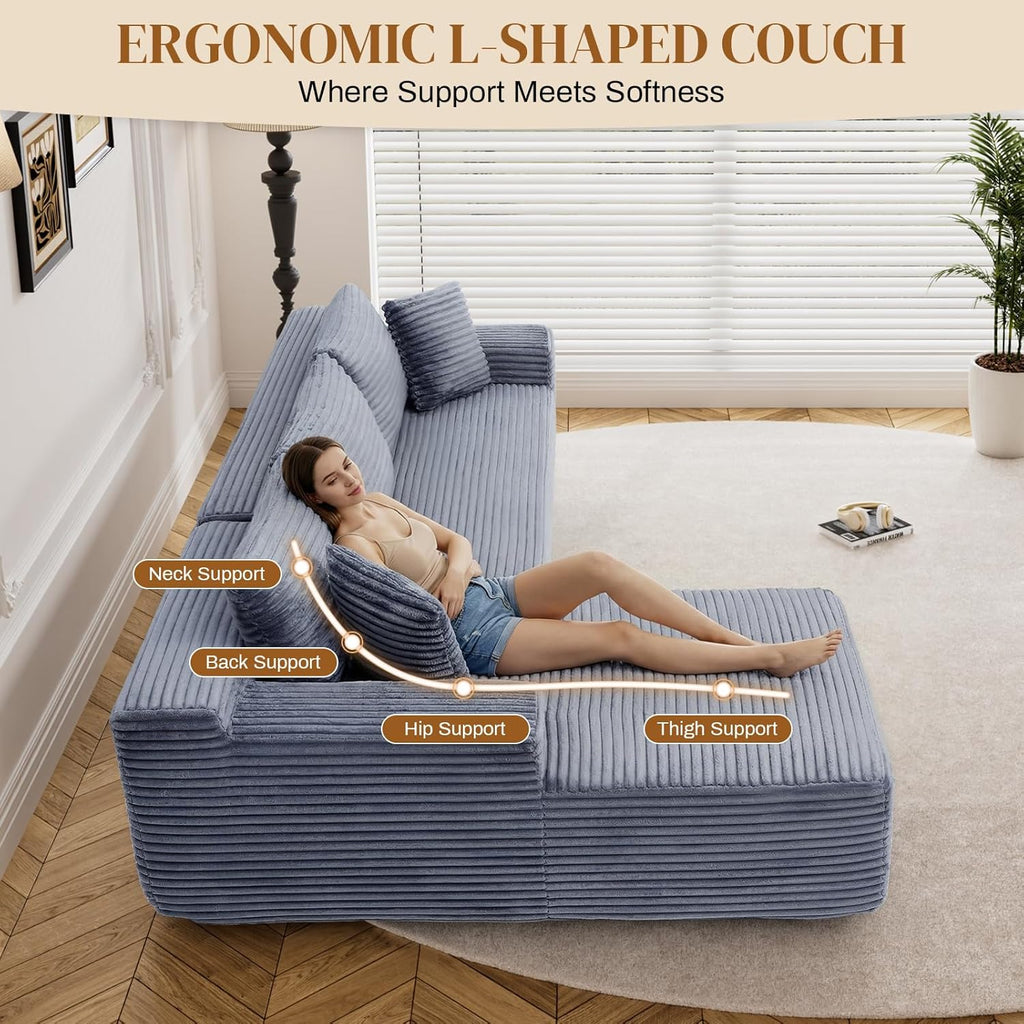 95" Boneless Cloud Sectional Couches for Living Room, Comfy Fluffy L Shaped Memory Foam Deep Seat Boneless Couch, Modular Sectional Sofa with Right Facing Chaise, Grey