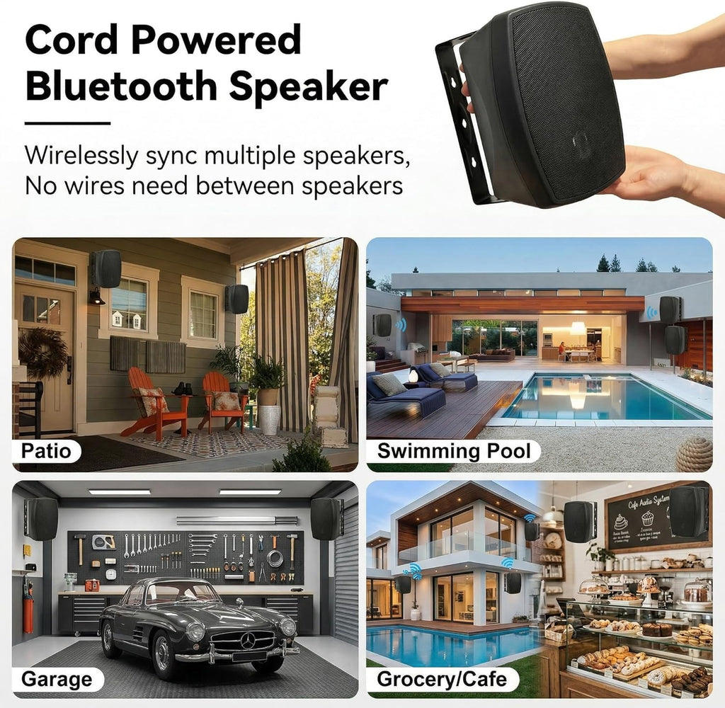 6.5 Inch Wall Mounted Bluetooth 5.4 Speakers, Peak 400W Indoor/Outdoor Waterproof Multi-Sync 200 Speakers/Auto-Pairing Auracast/Remote Control, 120 FT Range for Patio/Garage/Home (Black, Pair)