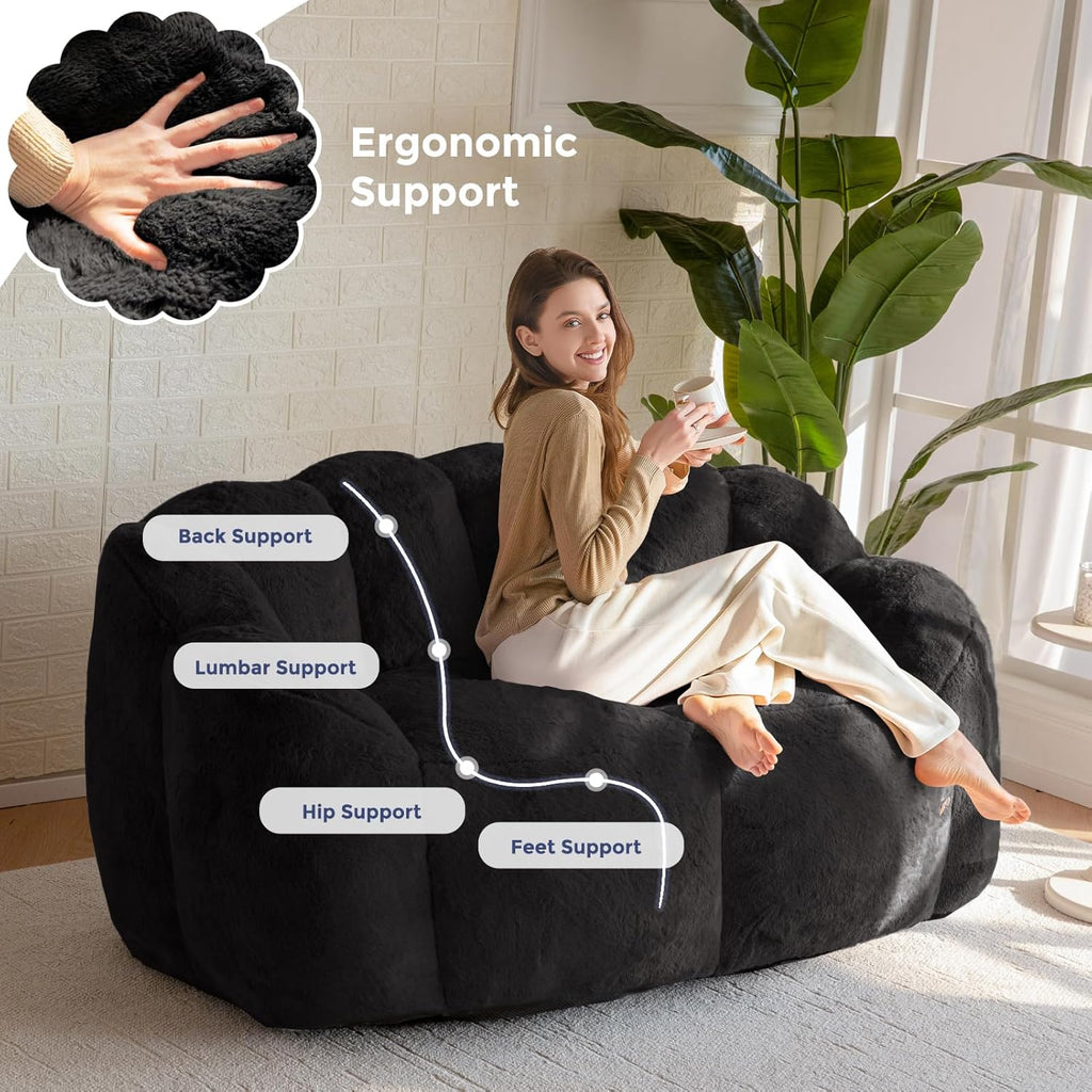 MAXYOYO Bean Bag Chair for Adults, Loveseat Floral Shaped Bean Bag Sofa, Ultra Soft Love Seat Mini Sofa Couch, Faux Fur Reading Chair for Living Room Bedroom, Black