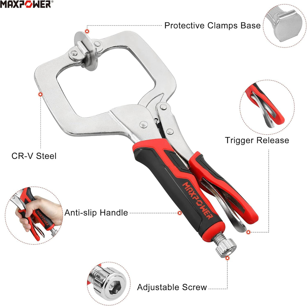 MAXPOWER 11-Inch Locking C Clamp Set, 2 Pack Metal Face Clamp with Large Flat Swivel Pads, Adjustable Heavy Duty C Clamps Locking Pliers for Woodworking, Carpentry, Cabinetry, Welding and Repair