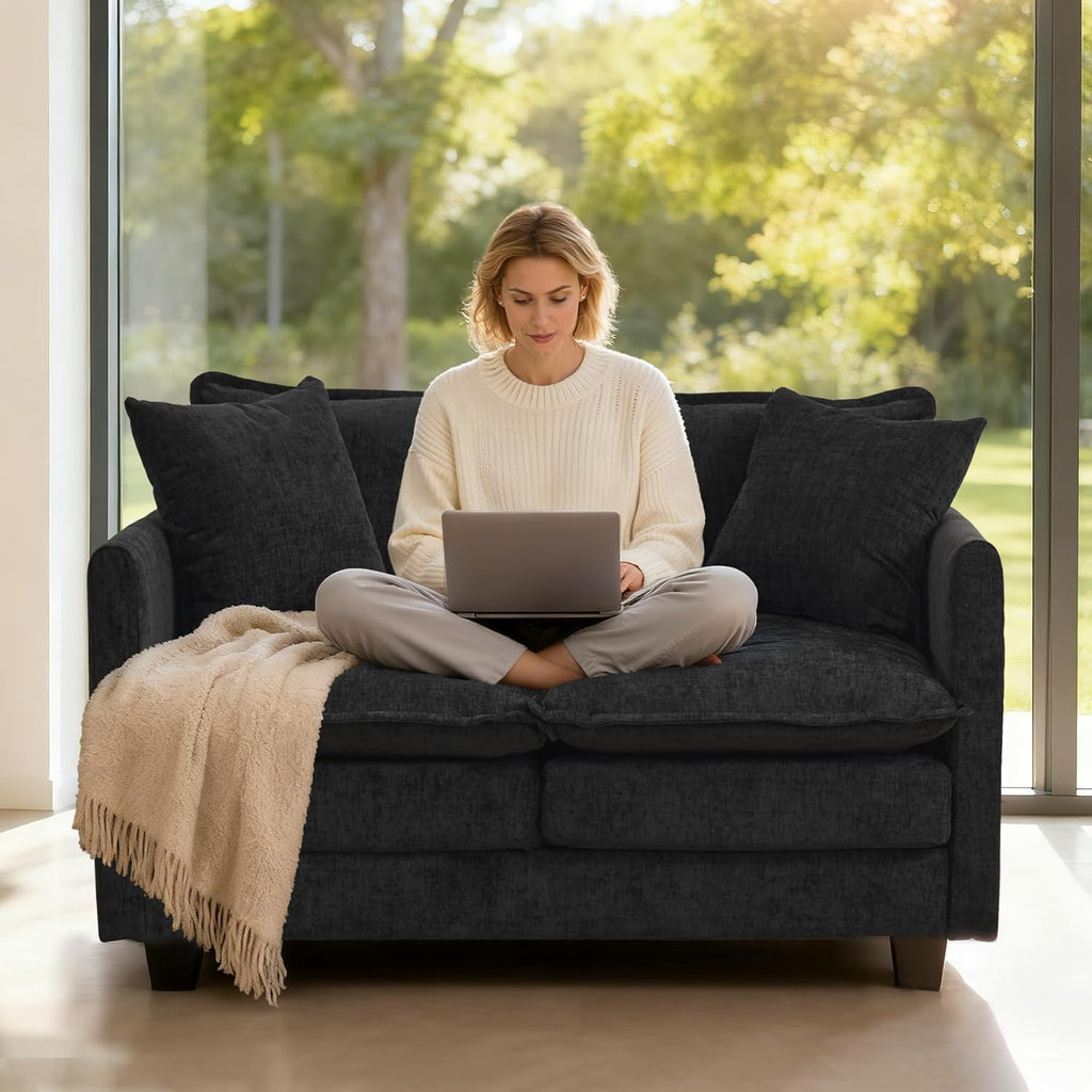 Loveseat Sofa Cloud Sofa Couch 50'', Modern Loveseats 2 Seat Couch 27" Deep Seat with 2 Pillows for Small Spaces Apartment Studio Office Bedroom Living Room 8834-BLACK-1