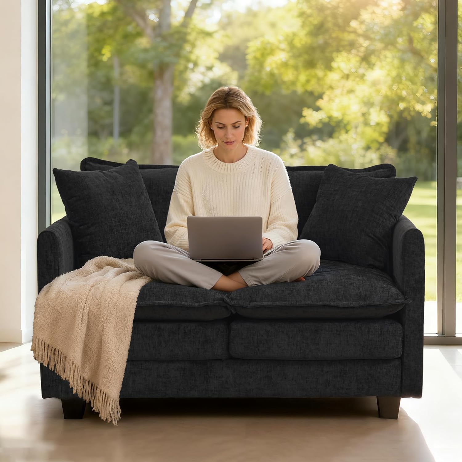 Loveseat Sofa Cloud Sofa Couch 50'', Modern Loveseats 2 Seat Couch 27" Deep Seat with 2 Pillows for Small Spaces Apartment Studio Office Bedroom Living Room 8834-BLACK-1