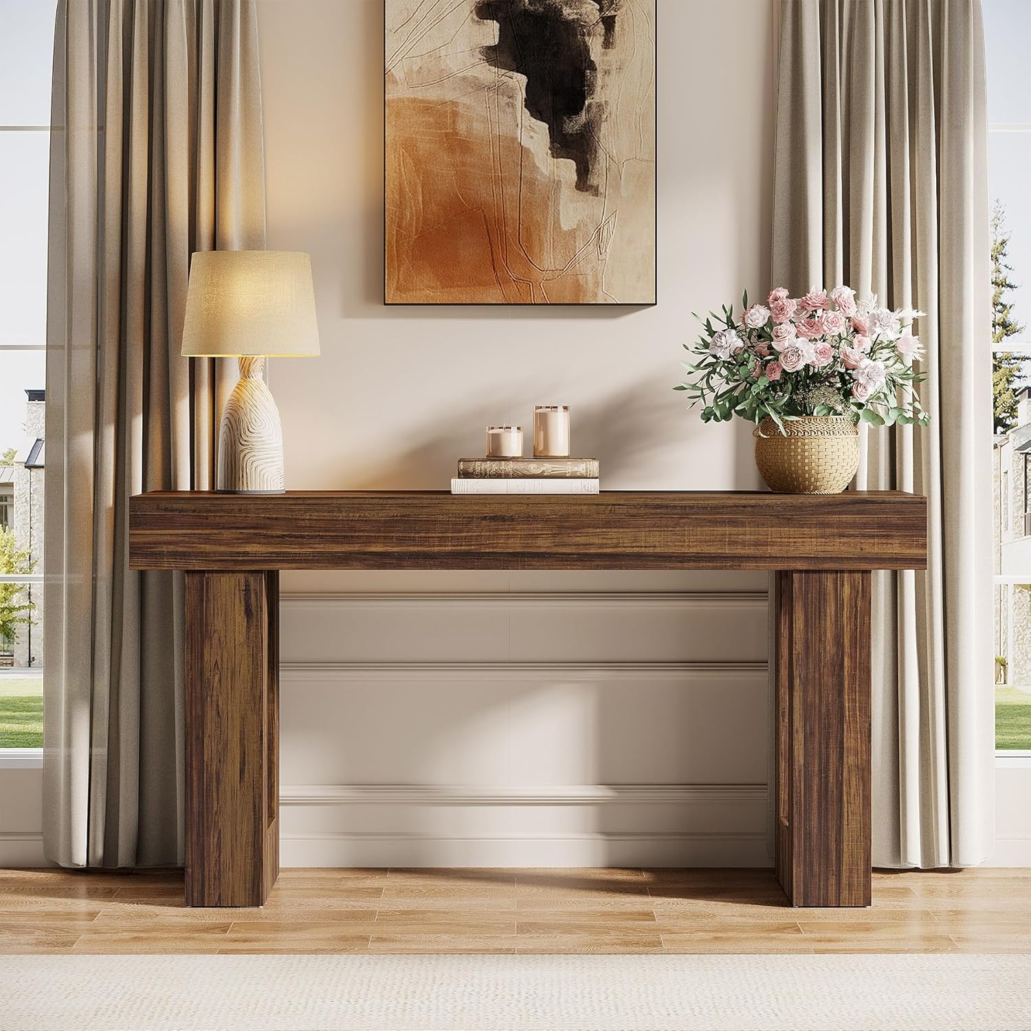 Tribesigns 63-Inch Long Console Table, MDF Wood Grain Rectangular Sofa Table Behind The Couch, Farmhouse Entryway Table for Entrance, Hallway, Living Room (Rustic Brown)