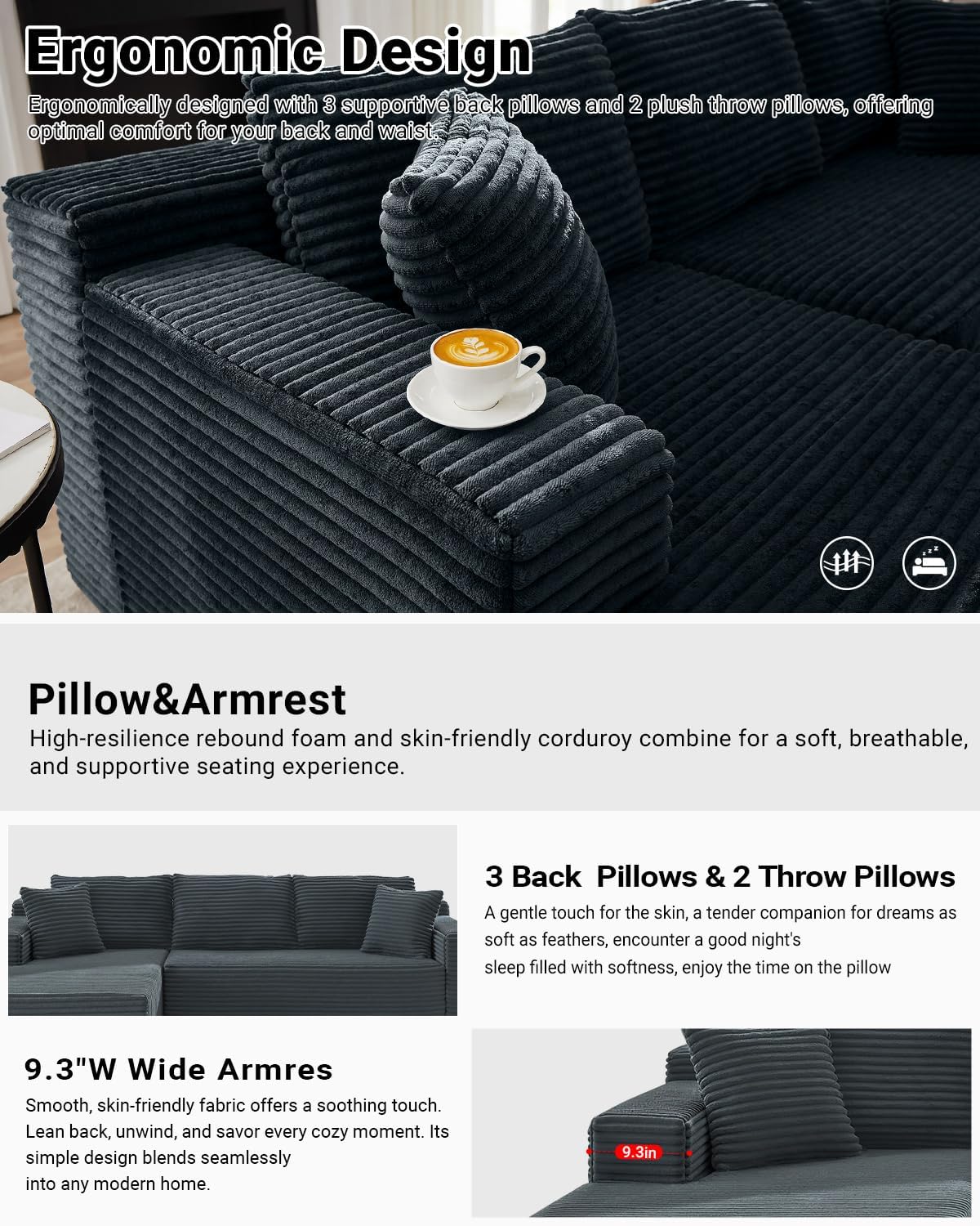 105 Inch Cloud Sectional Couch,Modern Modular Sectional Sofa with Deep Seat,Corduroy Boneless Couches with L-Shape Chaise for Living Room Bedroom,No Assembly Required (Dark Grey, Left Facing Chaise)