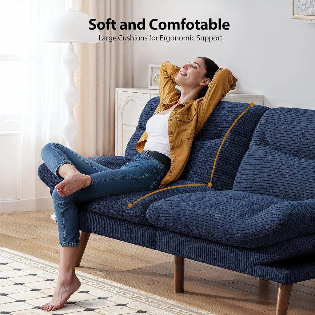 Pipishell Futon Sofa Bed, 66 Inch Corduroy Futon Couch Convertible with Adjustable Backrest and Armrests, Recliner Sleeper Sofa for Small Spaces, Living Room, Office, Guest Room (Blue, 66 Inch)