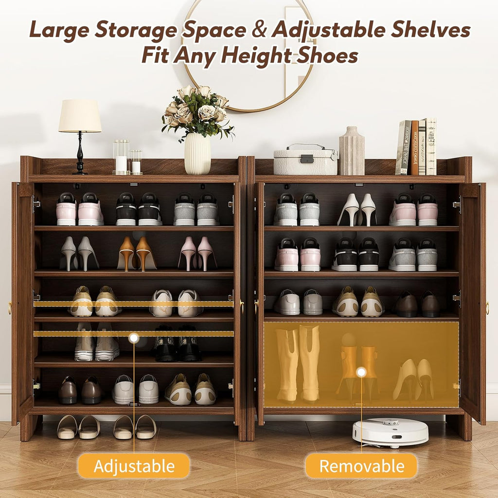 Shoe Cabinet Storage for Entryway - Rattan Entry Way Shoe Storage Cabinet with Adjustable Shelves, Wood Shoe Organizer Cabinet, Accent Cabinet with Doors for Entrance Hallway Living Room Foyer