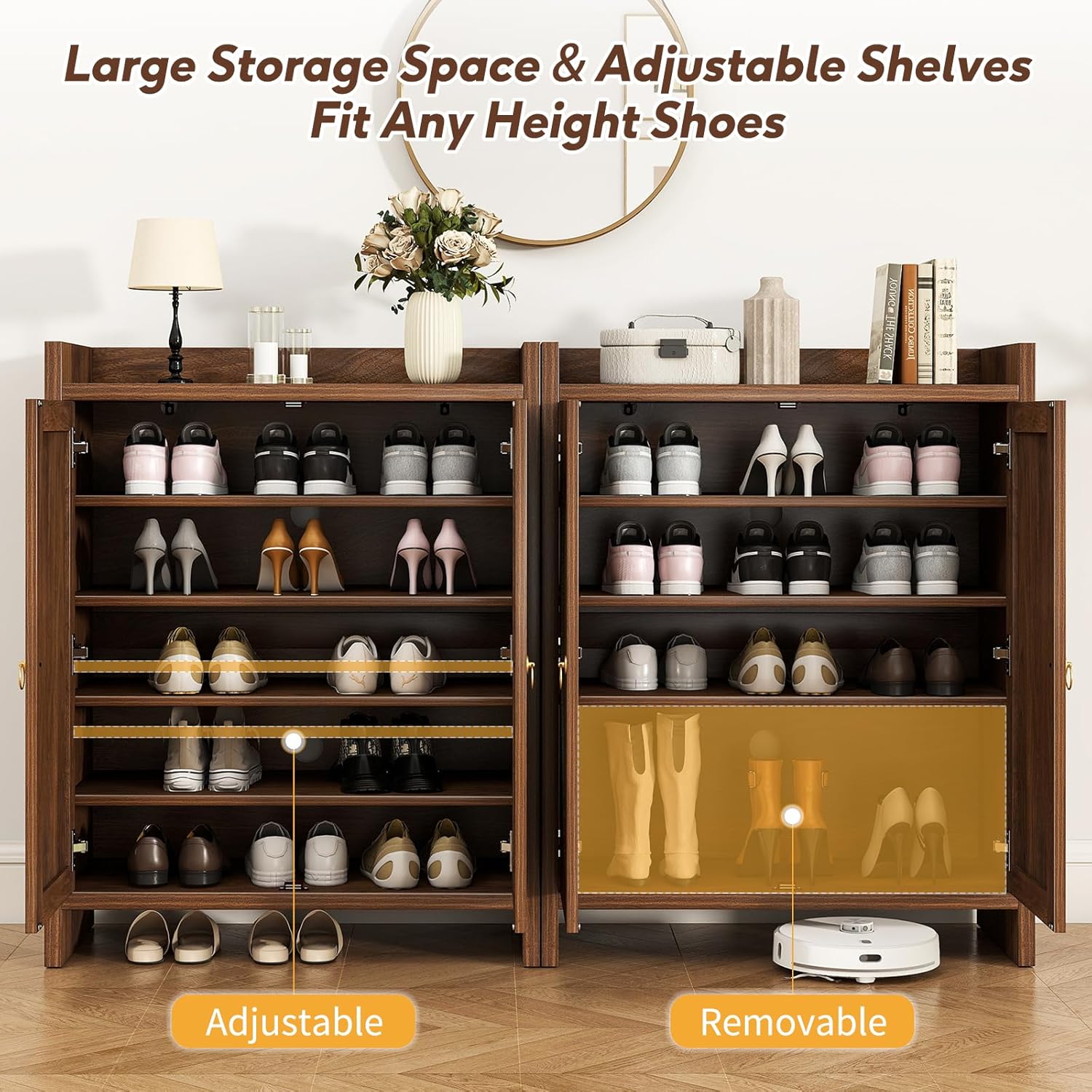 Shoe Cabinet Storage for Entryway - Rattan Entry Way Shoe Storage Cabinet with Adjustable Shelves, Wood Shoe Organizer Cabinet, Accent Cabinet with Doors for Entrance Hallway Living Room Foyer