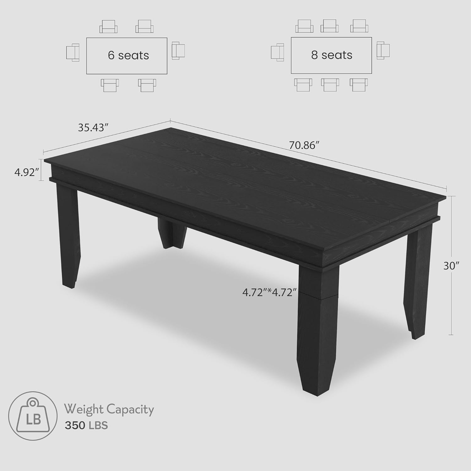 GarveeHome Farmhouse Dining Table for 6-8 People, 71 in Long Kitchen Tables with Wooden Sturdy Frame, 6 ft Large Rectangular Dinner Table for Dining Room, Kitchen (Black, 71" Non-extendable)