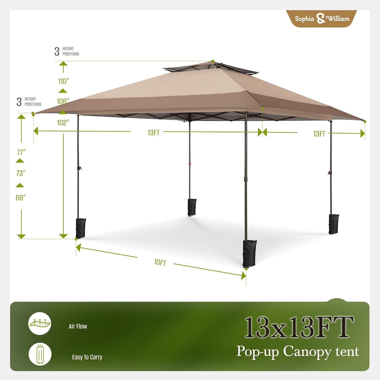 Sophia & William Outdoor Canopy 13x13 Pop Up Canopy Tent Instant Easy One Person Set Up Folding Shelter w/Auto Extending Eaves 169 Square Feet of Shade, UPF50+, Beige