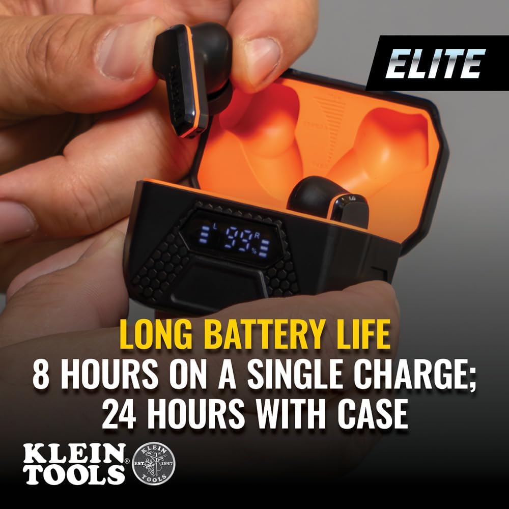 KLEIN TOOLS AESEB2 Elite Bluetooth Jobsite Earbuds, True Wireless Earplugs, 25dB NRR Hearing Protection, 24-Hour Playtime, Digital LED Display