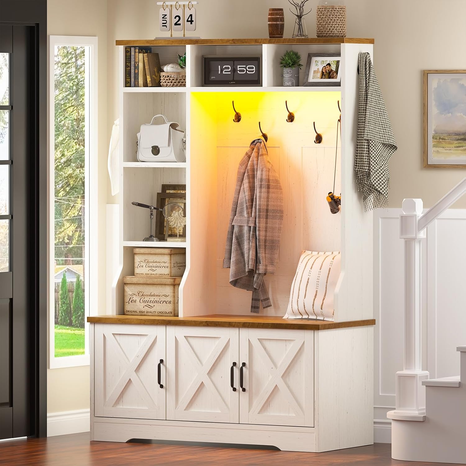 CSZZD Hall Tree with Bench and Shoe Storage, Farmhouse Entryway Bench with Coat Racks and Led Lights, Tall Hall Tree with 7 Coat Hooks, 6 Storage Cubbies, Adjustable Shelf