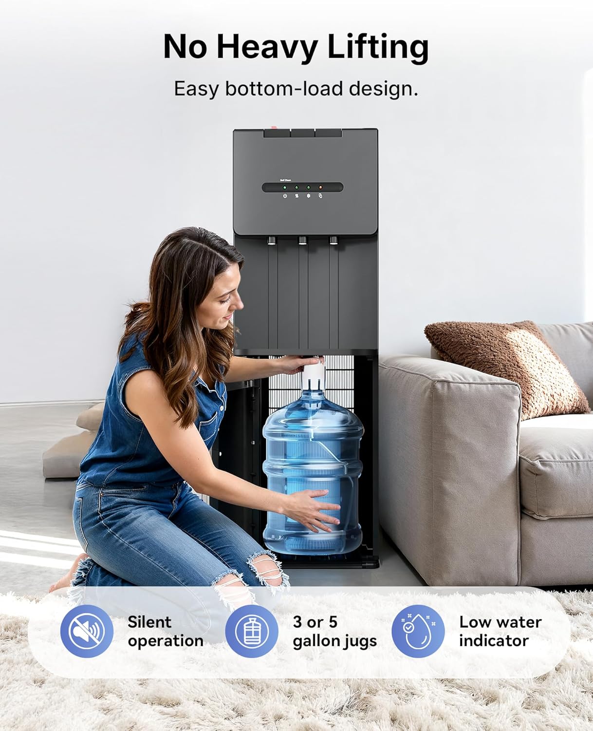 Self Cleaning Bottom Loading Water Cooler Dispenser for 3 & 5 Gallon Bottles - Hot, Cold & Room 3 Temperature, Child Safety Lock, LED Indicator Light, Ideal for Kitchen & Office, Black