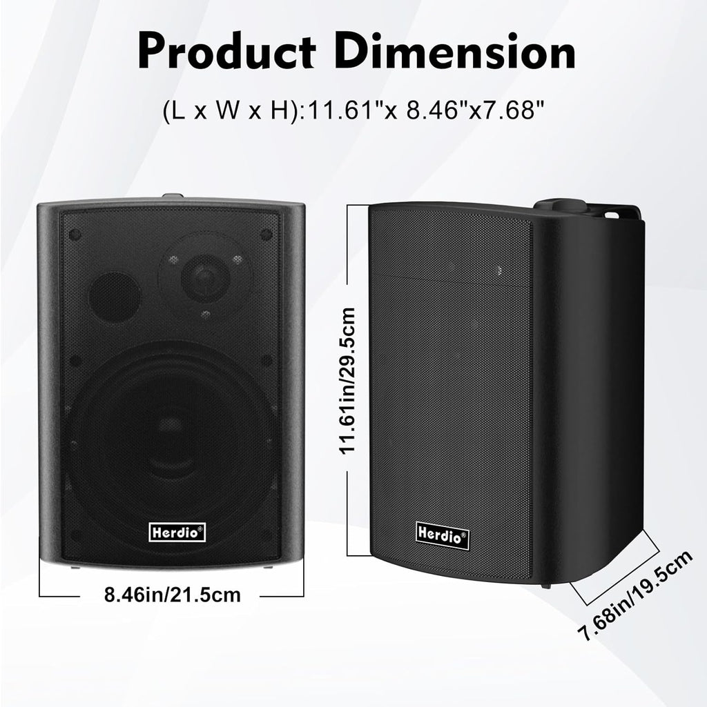 Herdio 6.5" 400W Outdoor Bluetooth Speakers, IPX5 Waterproof Rating and Be Able to Wireless Multi-Connection Up to 20 Units for Patio/Porch/Balcony (Black, 2-Pack)