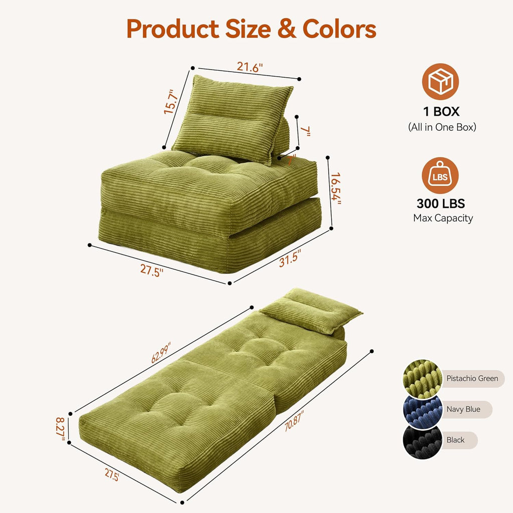 MONVANE Folding Sofa Bed, Fold Out Chair Bed with Pillow, Convertible Sleeper Chair for Living Room/Small Spaces, Foldable Lazy Sofa Bed Floor Chair, Comfy Corduroy Couch Bed, Pistachio Green
