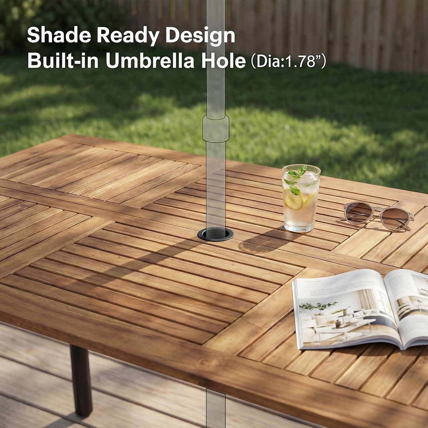 Flamaker Acacia Wood Patio Outdoor Dining Table for 6, Outdoor Table with Umbrella Hole and Metal Legs for Garden, 63''L x 36'' W x 30'' H