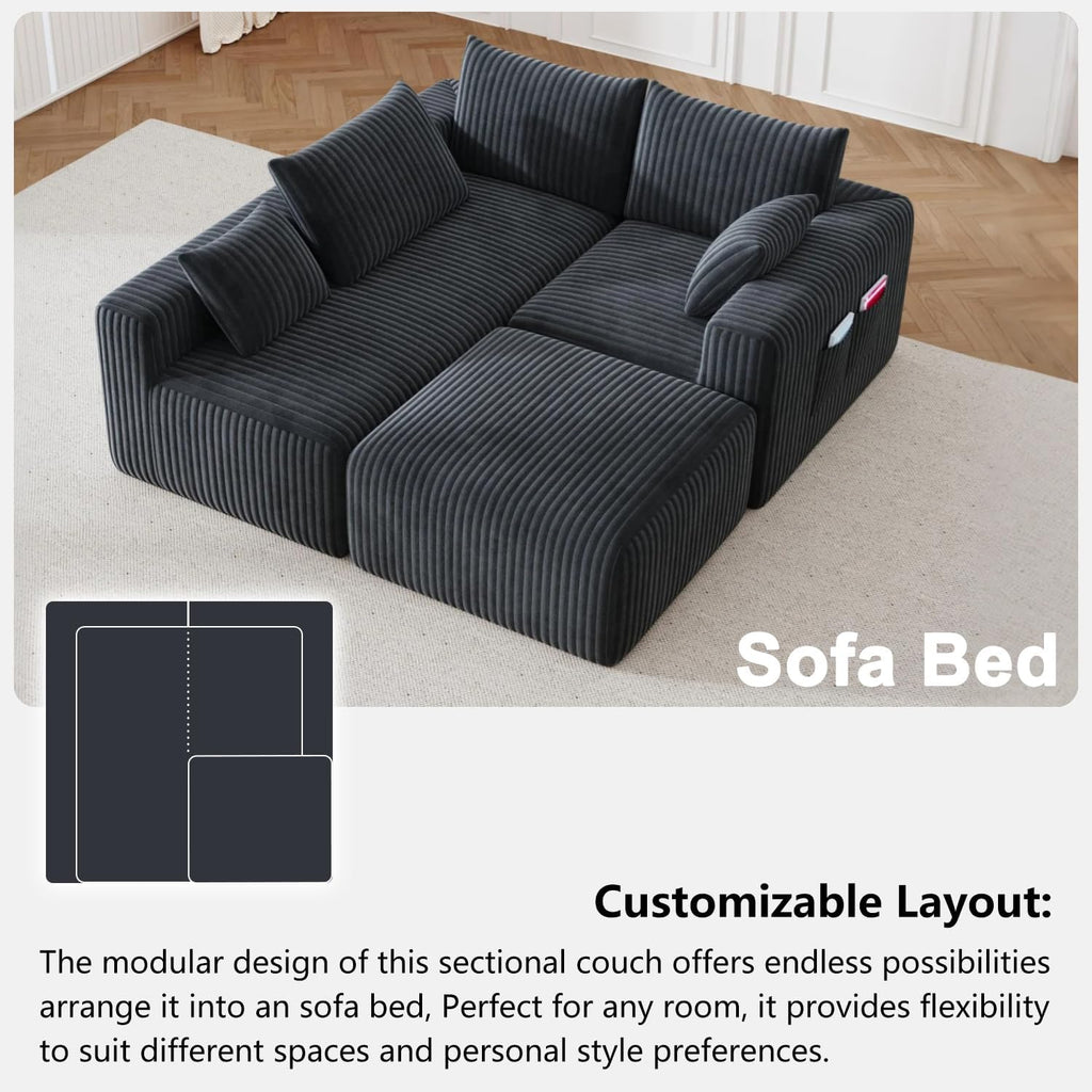 108" Cloud Couch Modular Sectional Sofa for Living Room,L Shaped Boneless Couch with Deep Seat Chaise,No Assembly Required Foam Sleeper Sofa for Apartments,Plush Corduroy Fabric, Dark Grey