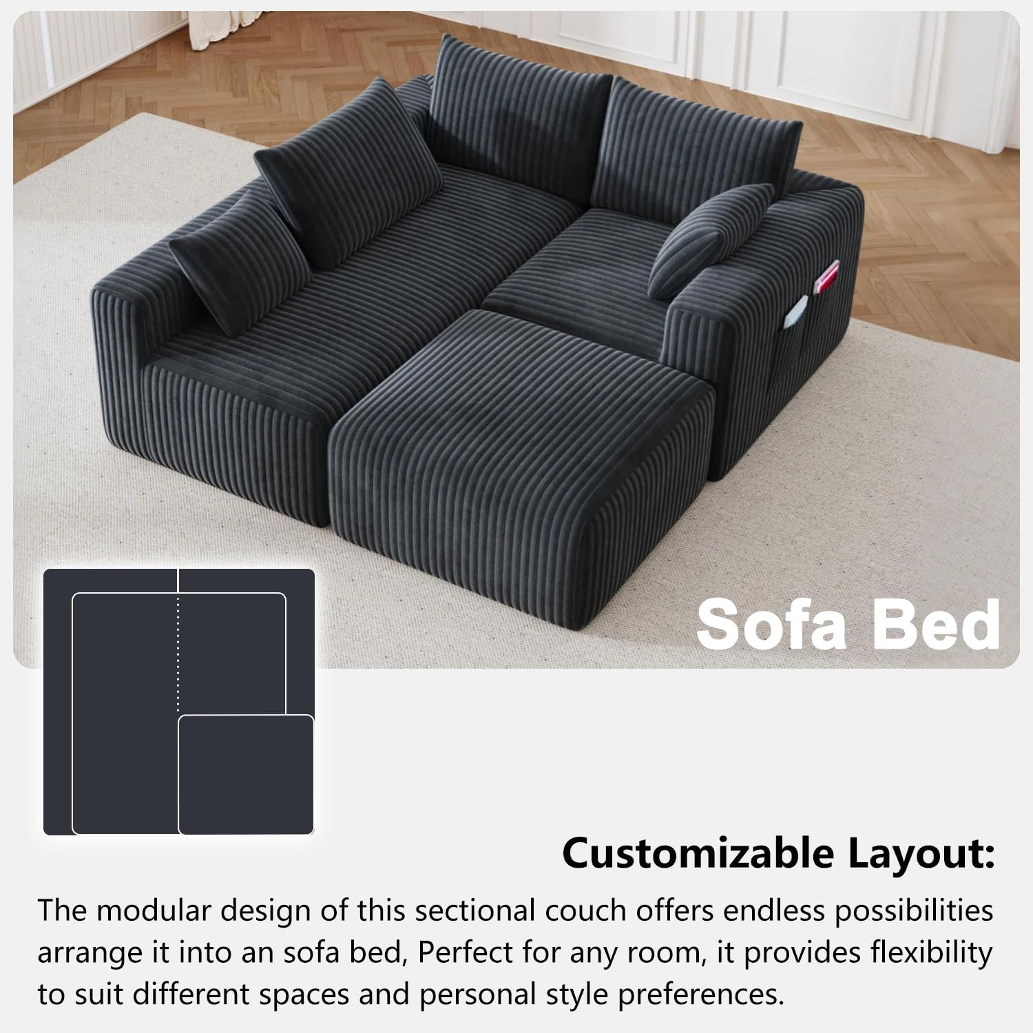 108" Cloud Couch Modular Sectional Sofa for Living Room,L Shaped Boneless Couch with Deep Seat Chaise,No Assembly Required Foam Sleeper Sofa for Apartments,Plush Corduroy Fabric, Dark Grey
