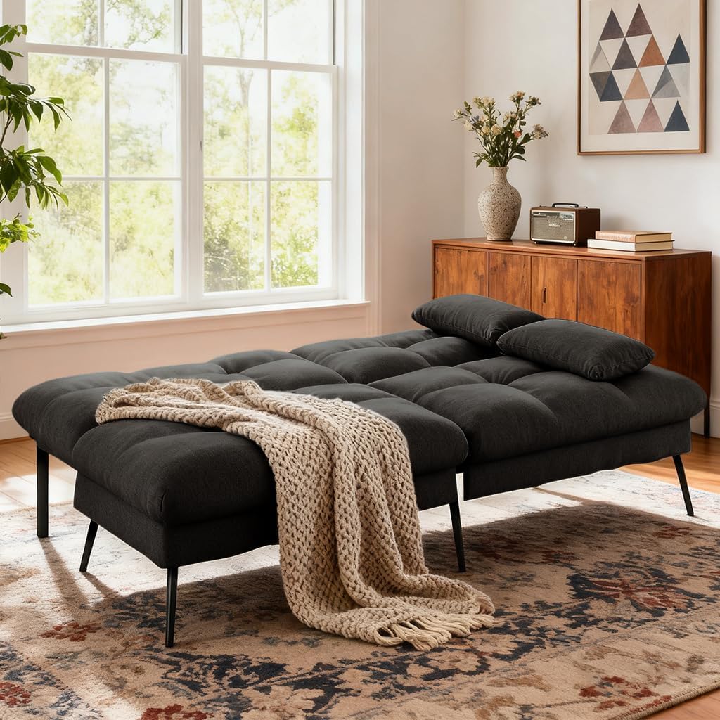 COMHOMA Convertible Futon Sofa Bed, 72″Fabric Futons Couch with Adjustable Backrest, Folding Sleeper Recliner for Living Room Furniture (Black)
