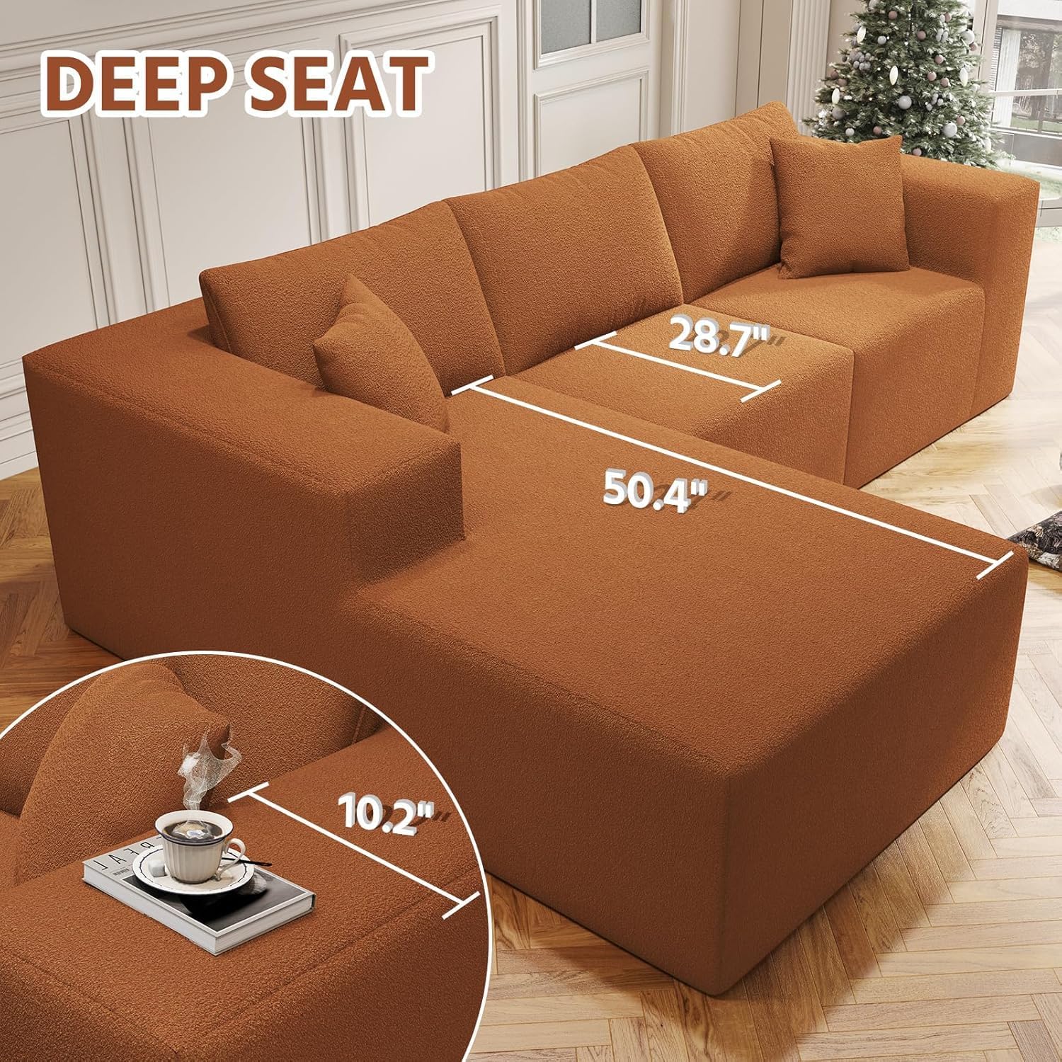108" Orange Boneless Cloud Couches for Living Room L Shapes Sectional Sofa with Chaise Lounge, Comfy Teddy Fabric Memory Foam Couch Including Throw Pillow and Backrest - Removable Washable