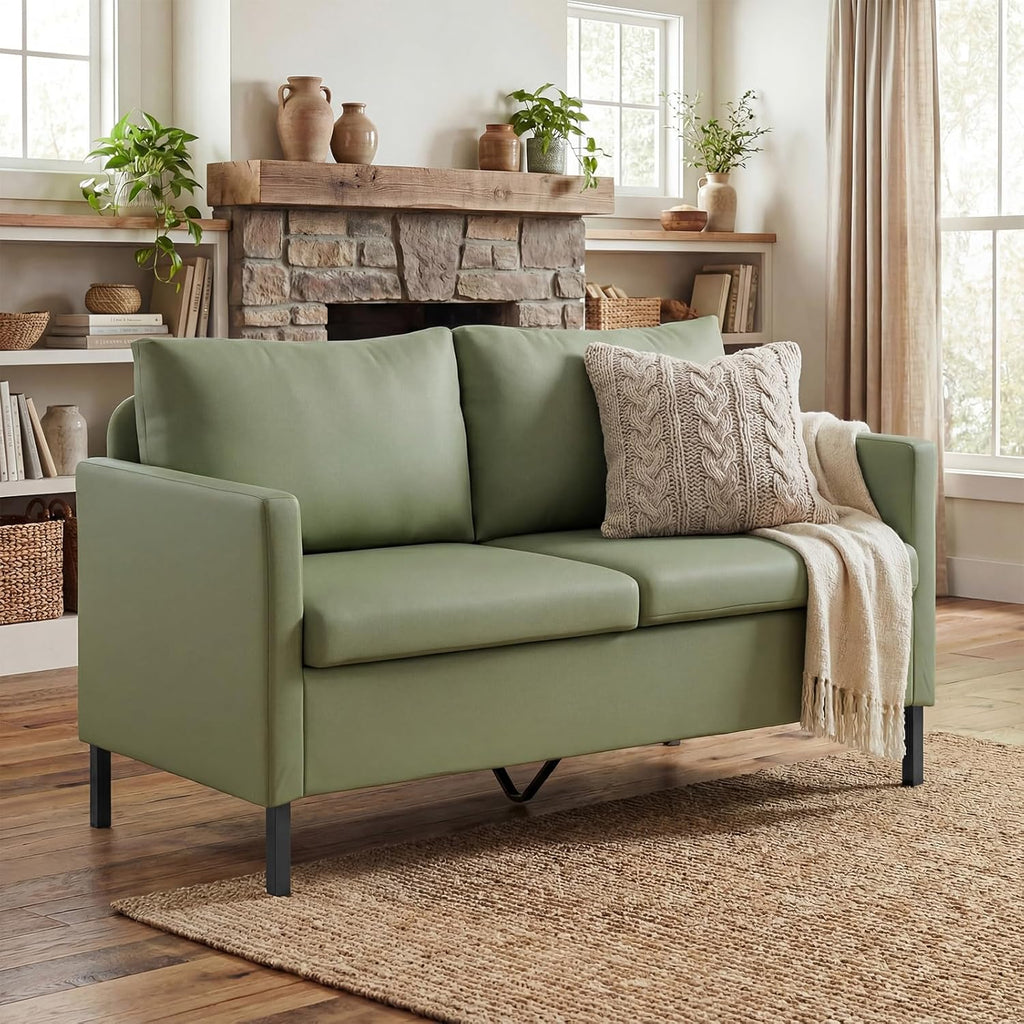 TYBOATLE Faux Leather Modern Small Couches for Small Spaces, Comfy Upholstered Love Seat for Bedroom, 2 Seater Mini Couch for Apartment, Dorm, Office, Green