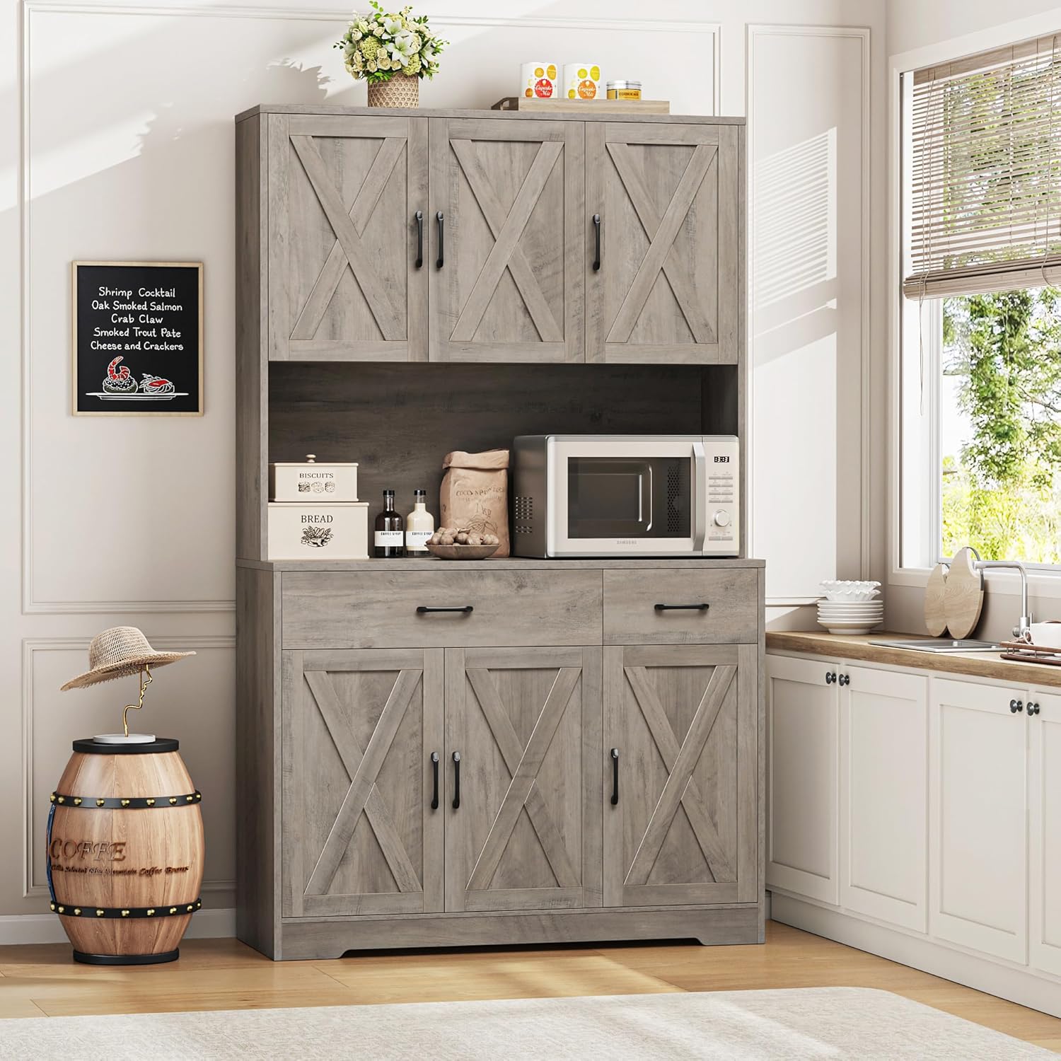 HOSTACK 71" Pantry Cabinet with Charging Station, Tall Kitchen Pantry Storage Cabinet with Microwave Stand, Farmhouse Kitchen Hutch with Storage Drawers for Living Room, Dining Room, Ash Grey