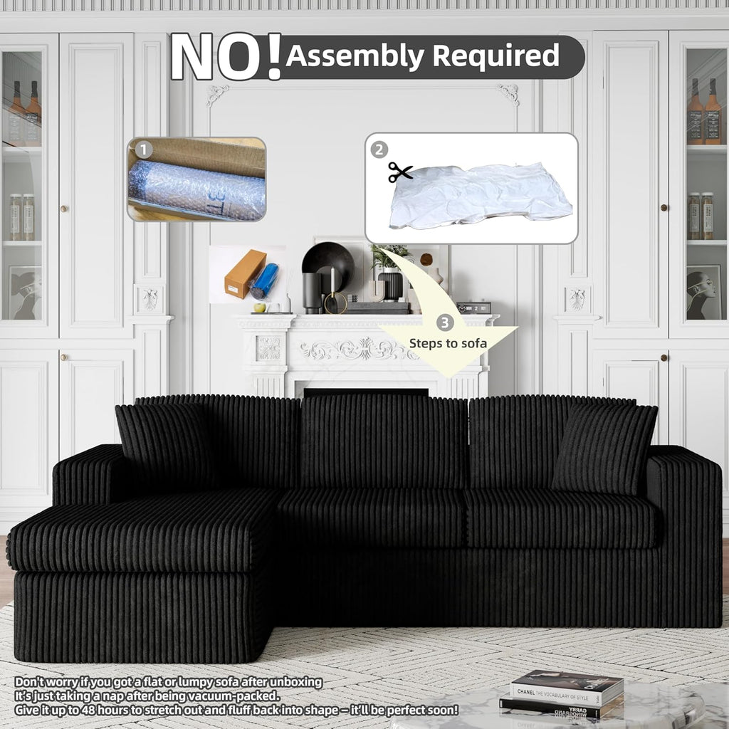 Shintenchi 105" Modular Sectional Sofa, Boneless L Shaped Couch with Deep Seat, Cloud Foam Couch with Oversized Chaise, Plush Corduroy Sofa No Assembly Needed for Living Room, Black
