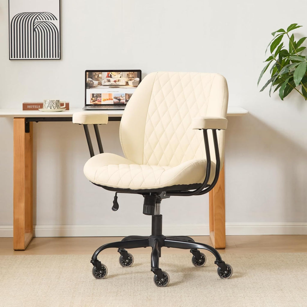 YFO Home Office Desk Chair Office Rubber Casters Ergonomic Computer Chair with Lumbar Support Adjustable Height Rolling Swivel Executive Task Armrests Chair . Cream Leather