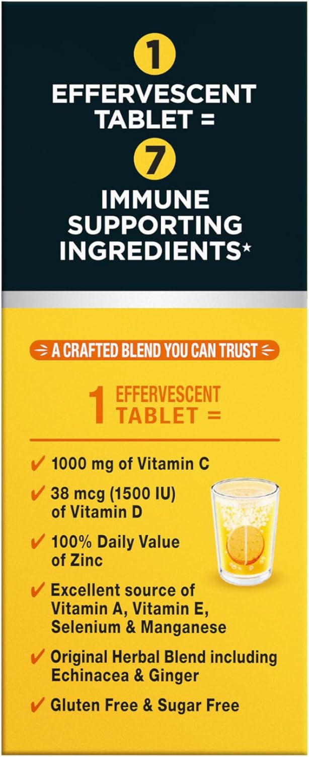 Airborne 1000mg Vitamin C + Zinc Sugar Free Multivitamin Immune Support Effervescent Fizzy Drink Tablets, Zesty Orange Flavor with Powerful Antioxidants Vitamins A C & E, 30 Tablets