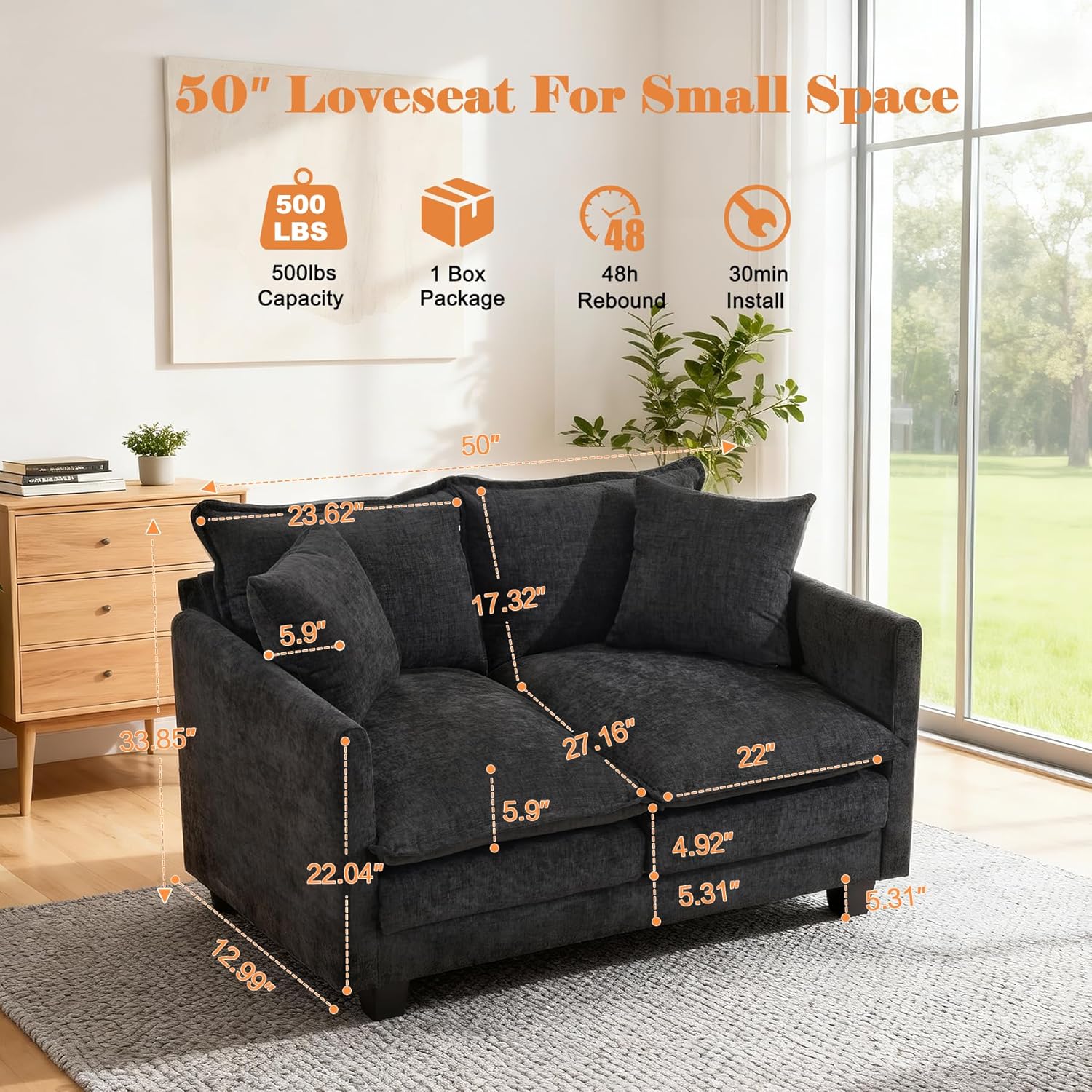 Loveseat Sofa Cloud Sofa Couch 50'', Modern Loveseats 2 Seat Couch 27" Deep Seat with 2 Pillows for Small Spaces Apartment Studio Office Bedroom Living Room 8834-BLACK-1