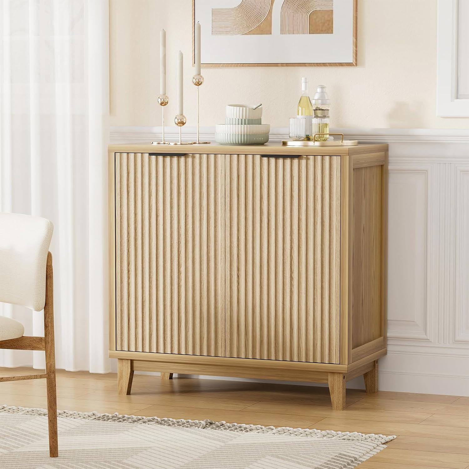Fluted Cabinet with Storage, 2 Doors Sideboard Buffet, Mid Century Modern Accent Cabinet with Adjustable Shelves, Multifunctional Console Table with Storage for Living Room, Kitchen, Entryway