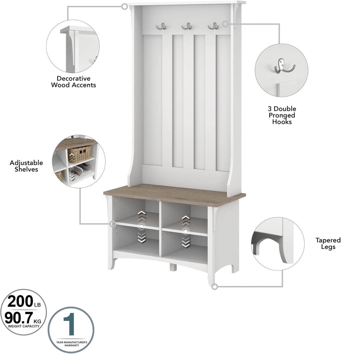 Bush Home Salinas Hall Tree with Shoe Storage Bench in Shiplap Gray and Pure White, Multi-Purpose Home Organizer, Entryway Solution with Seating and Hooks