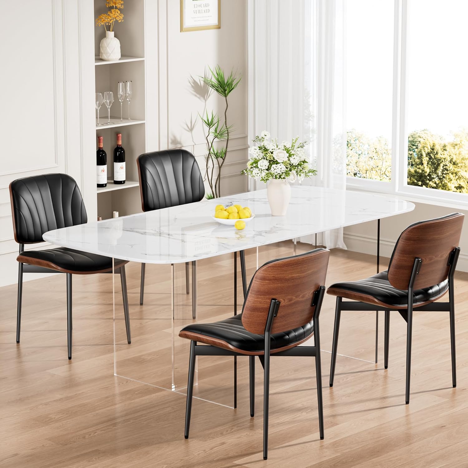 REONEY Dining Chairs Set of 4, Mid-Century Modern Upholstered PU Leather Chairs with Walnut Bentwood Back and Metal Legs Adjustable Feet for Kitchen Dining Room, Black Shell Strips
