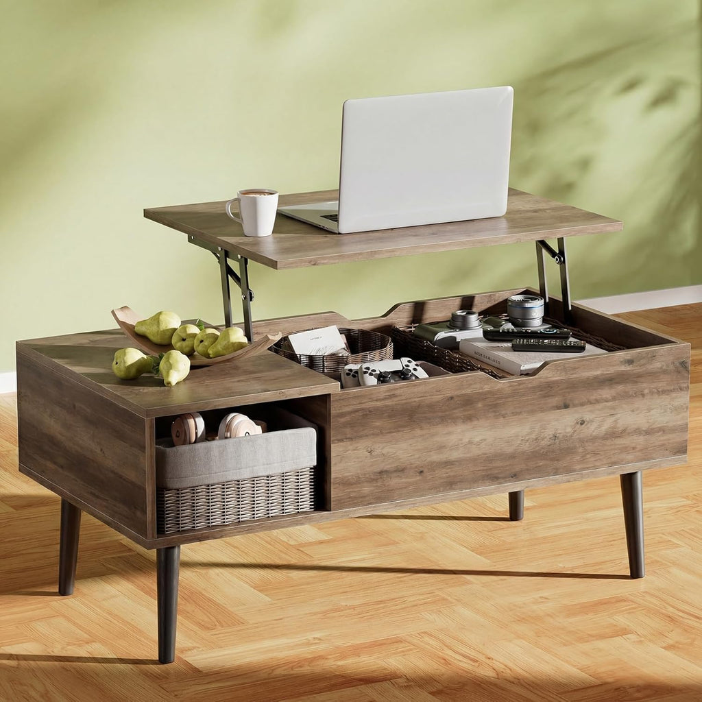 OLIXIS Wooden Coffee Table, Lift Top Coffee Table with Large Hidden Compartment and Ample Storage Shelf, Lift Tabletop Dining Table for Living Room, Home Small Space, Grey