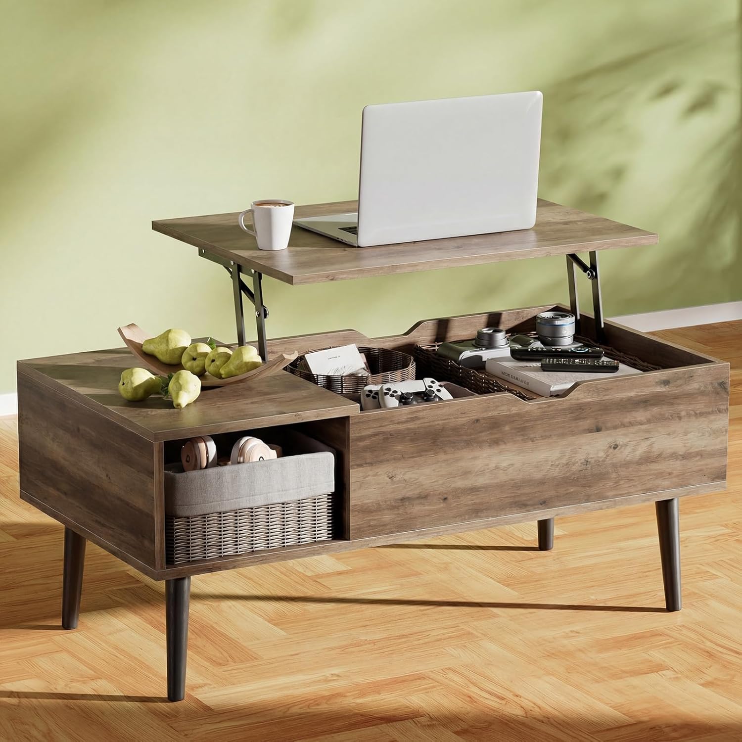 OLIXIS Wooden Coffee Table, Lift Top Coffee Table with Large Hidden Compartment and Ample Storage Shelf, Lift Tabletop Dining Table for Living Room, Home Small Space, Grey
