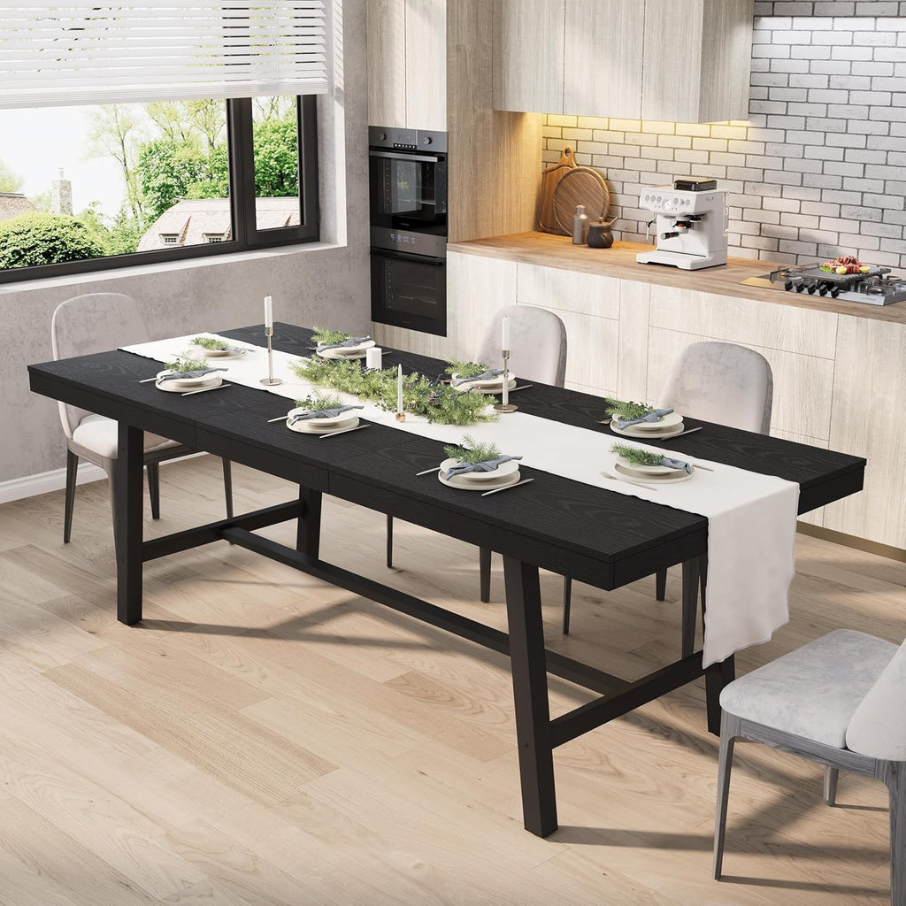 GarveeHome 63-83" Extendable Dining Table, Industrial Rectangular Dining Room Table for 6-8 People, Expandable Kitchen Table with Heavy Duty Metal Frame for Dining Room, Kitchen & Parties, Black