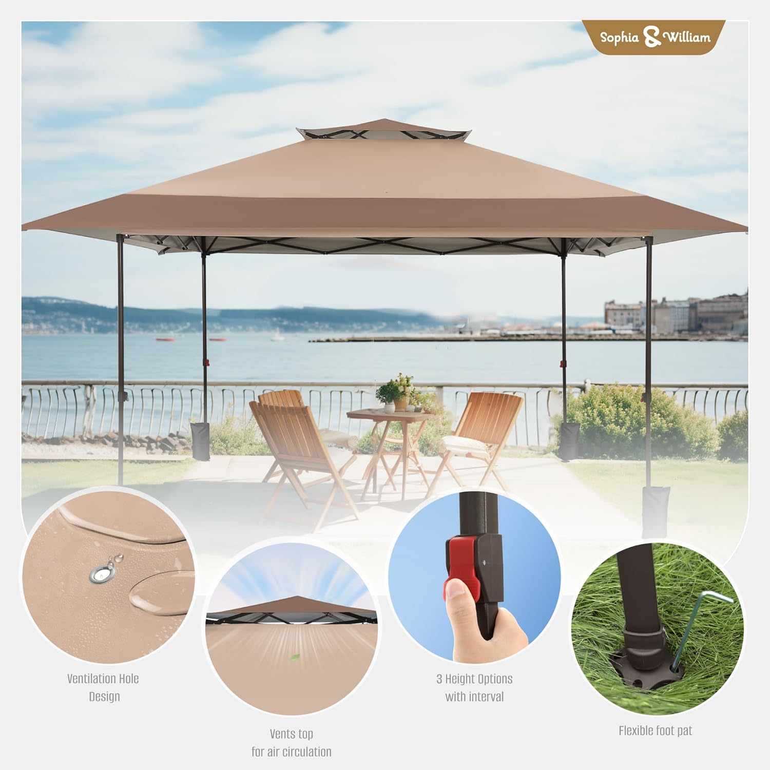 Sophia & William Outdoor Canopy 13x13 Pop Up Canopy Tent Instant Easy One Person Set Up Folding Shelter w/Auto Extending Eaves 169 Square Feet of Shade, UPF50+, Beige