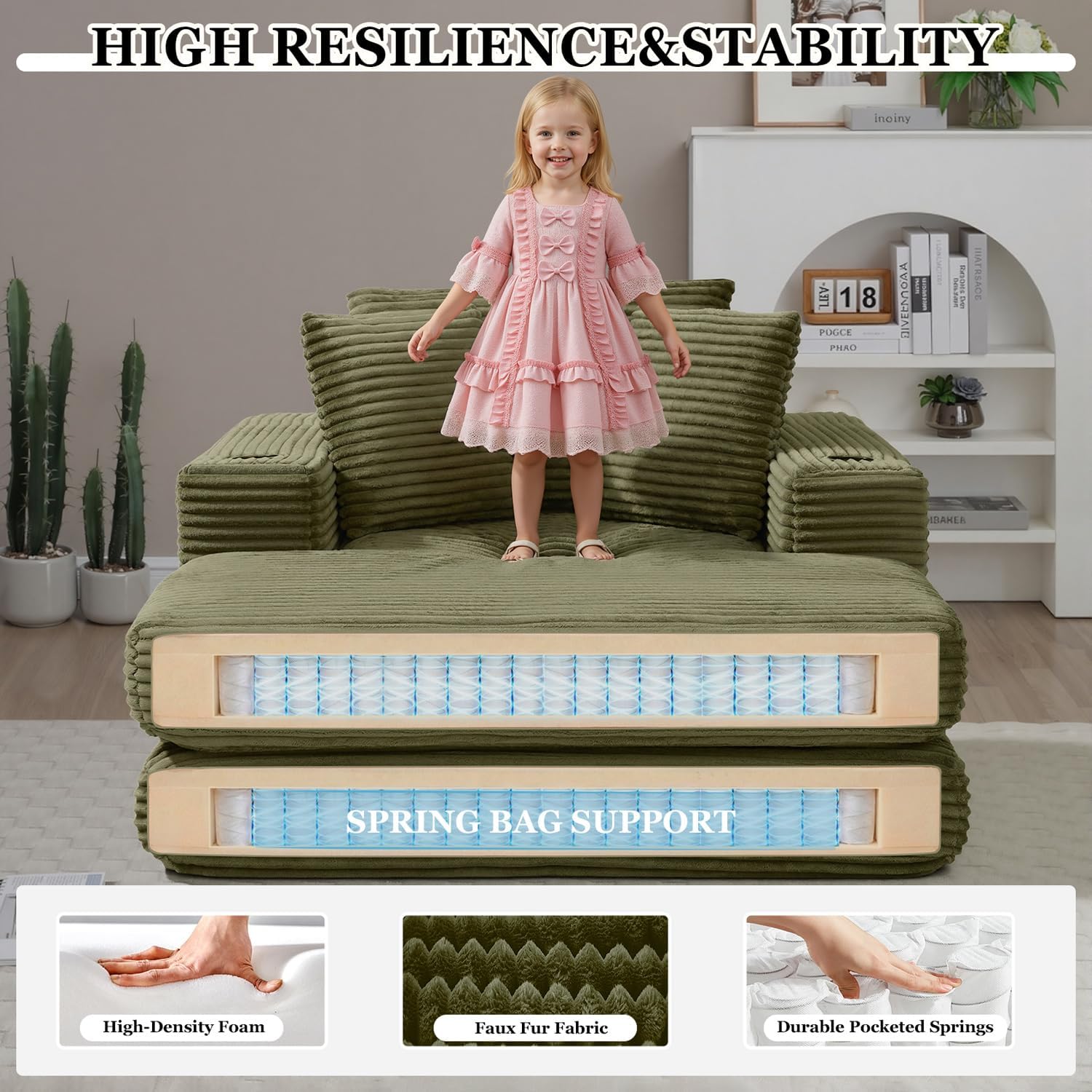 HANXIN 62" Chaise Lounge Chair Indoor, Oversized Corduroy Boneless Convertible Chaise Lounge Couch Sleeper Chair with Ottoman, Deep Seat Reading Chair, No Assembly Required (Green)